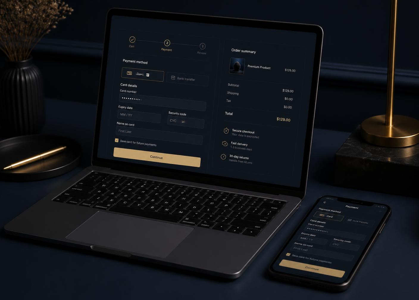 A laptop and phone showing a secure online checkout with card payment fields