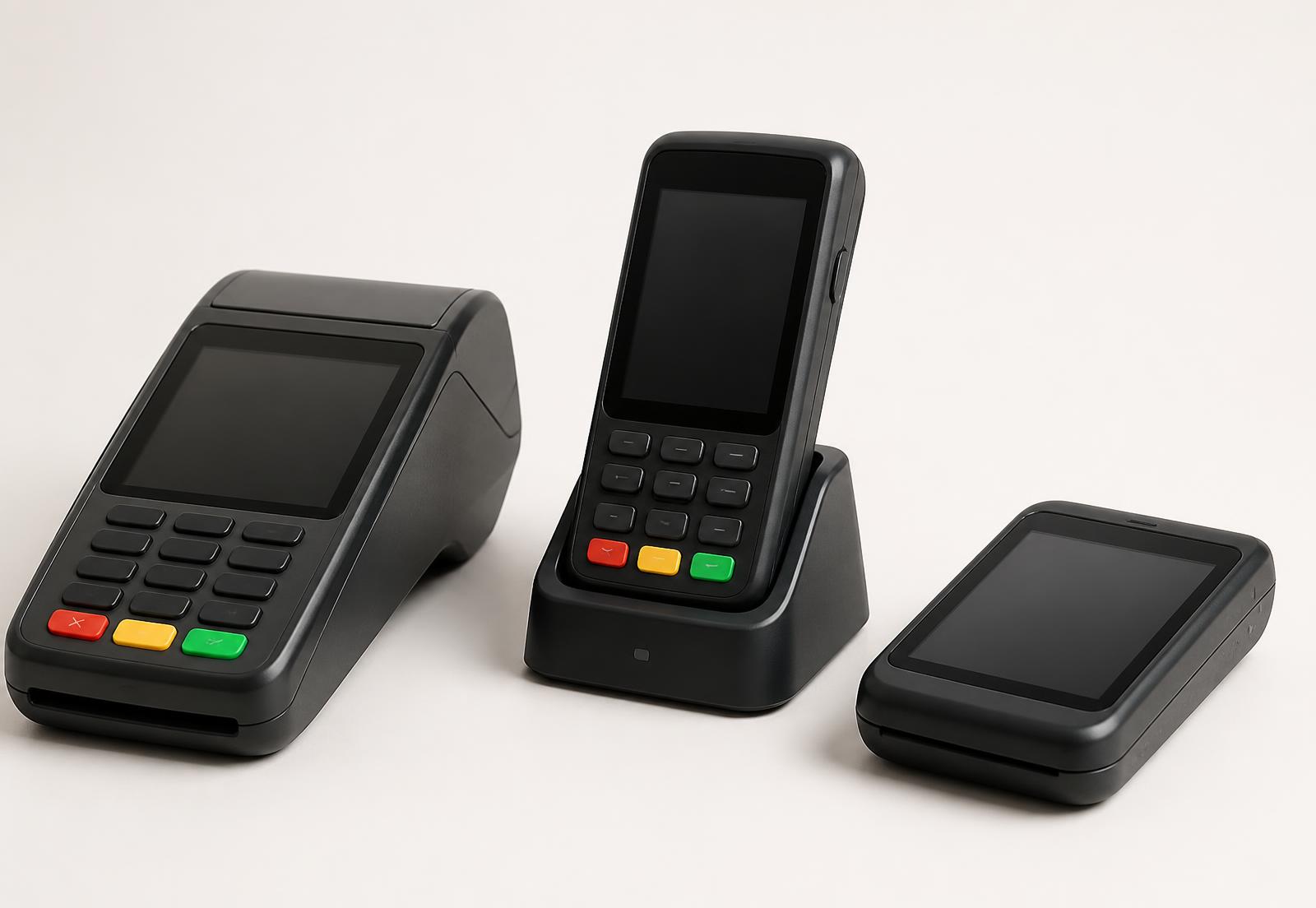 Countertop, portable and mobile card payment terminals shown side by side